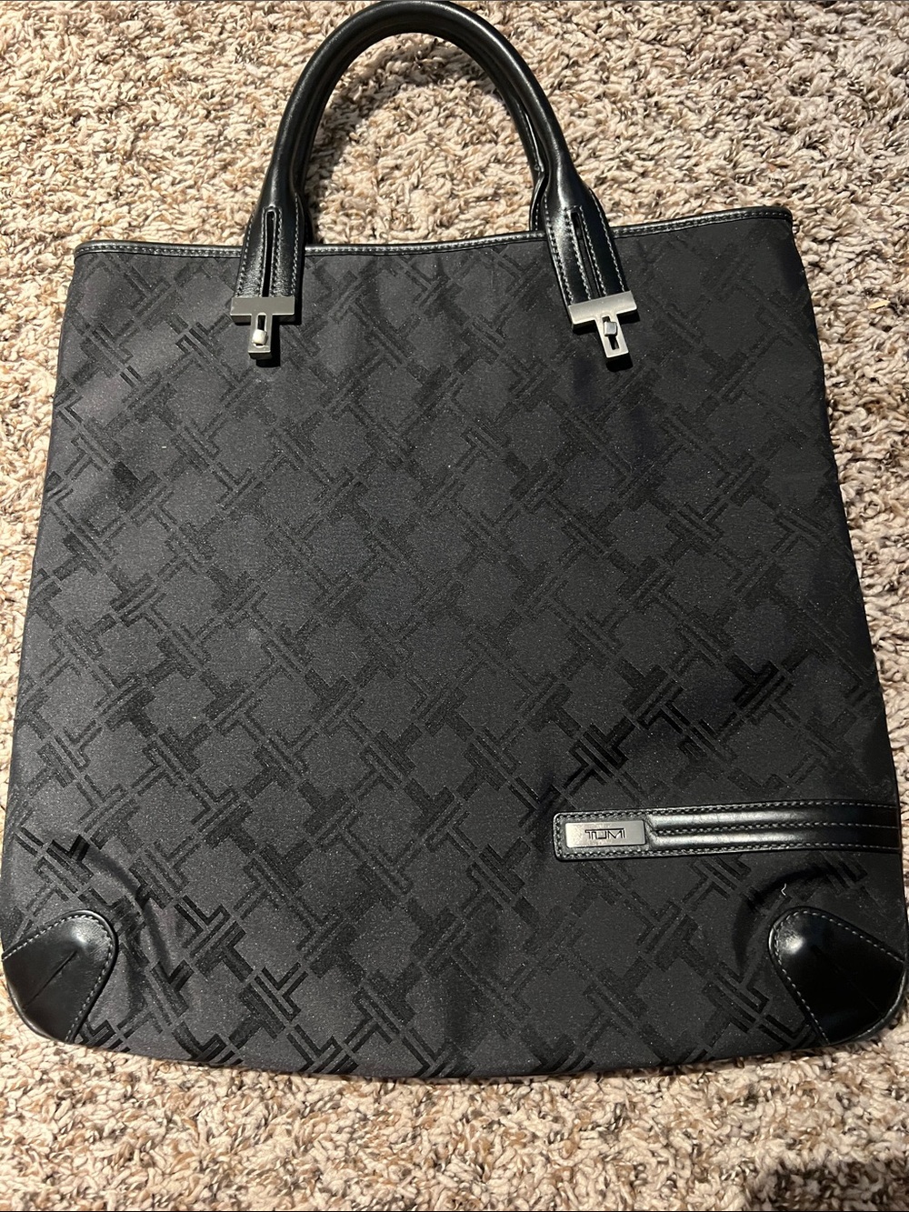 Tumi Black Jacquard Logo Tote with Leather Trim